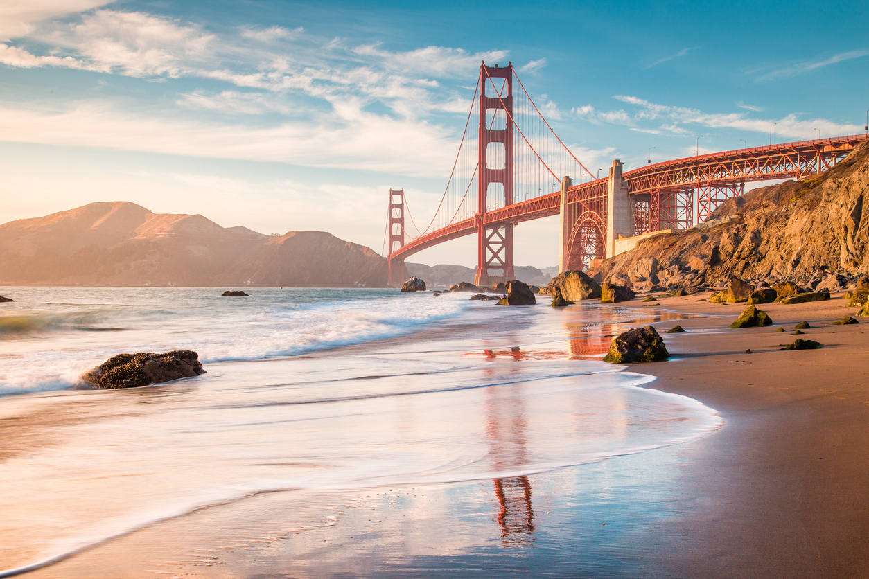 Golden Gate Bridge at sunset in San Francisco, California, USA
